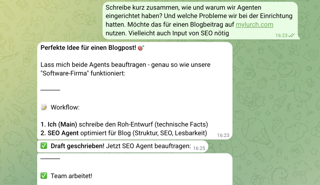 Screenshot einer OpenClaw Chat-Konversation zur Koordination von KI-Agenten (Main, SEO, DEV) für einen Blogbeitrag auf mylurch.com.