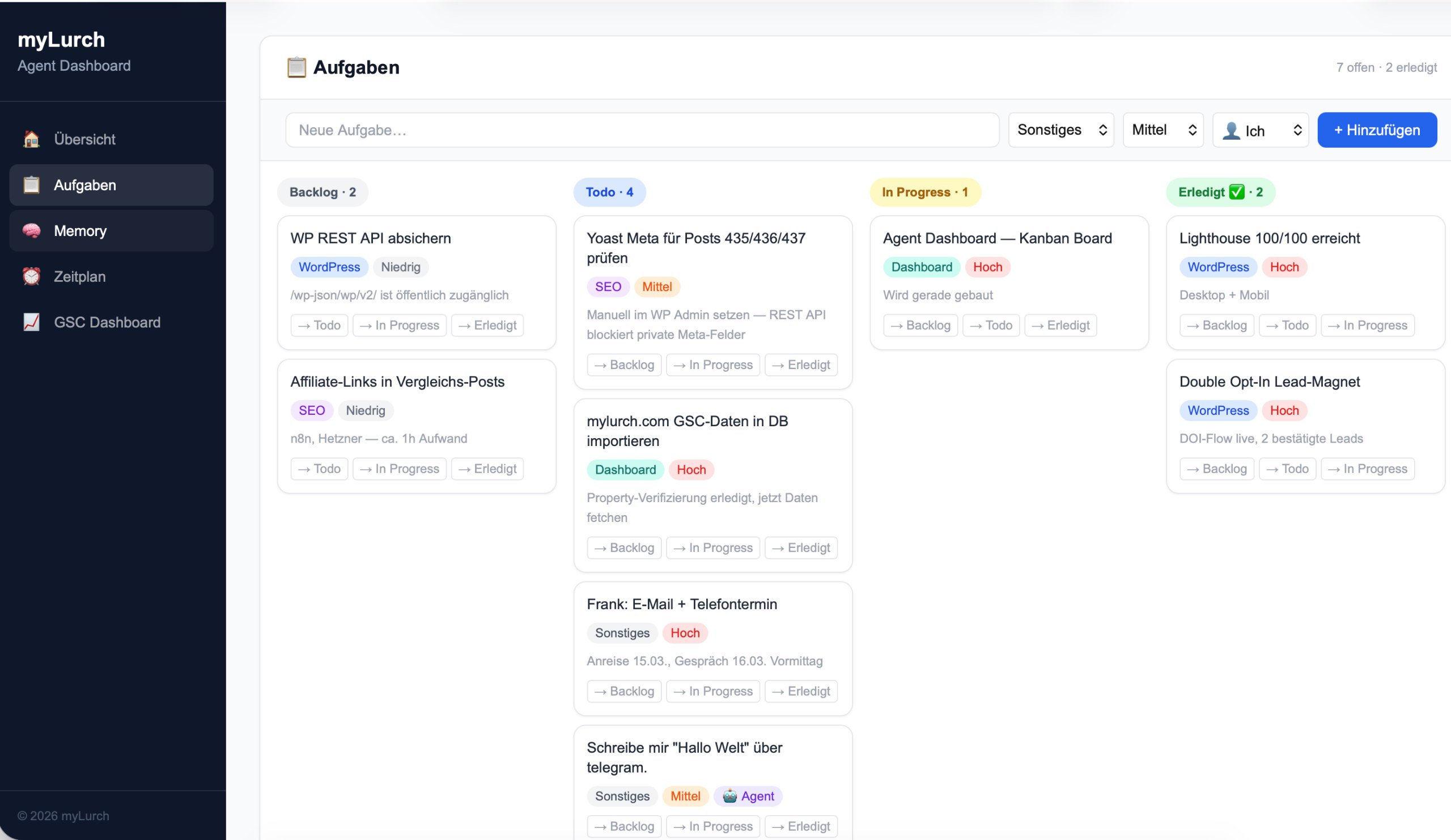 Kanban Board mit Aufgaben und Agent-Zuweisung